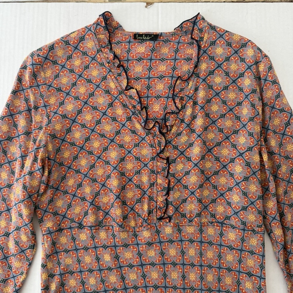 Loco Lindo Vintage Ruffle Blouse Boho Empire Waist S Psychedelic Retro Print - Picture 5 of 9
